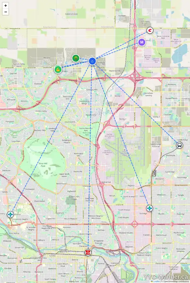 Daily accessibility map for 87 HERRON RI NE, Calgary showing nearby schools, grocery stores, parks, LRT stations and nearby amenities