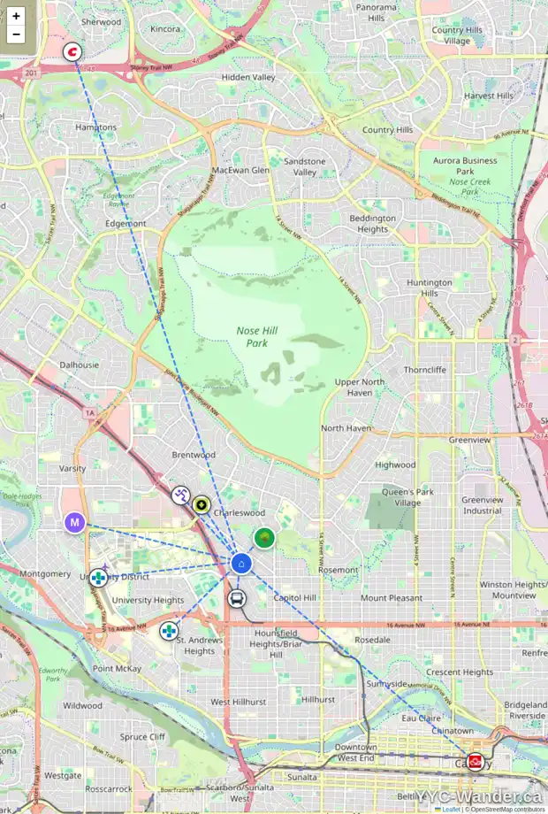 Daily accessibility map for 2333 27 AV NW, Calgary showing nearby schools, grocery stores, parks, LRT stations and nearby amenities
