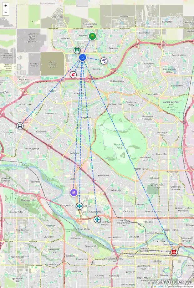 Daily accessibility map for 1205 450 KINCORA GLEN RD NW, Calgary showing nearby schools, grocery stores, parks, LRT stations and nearby amenities