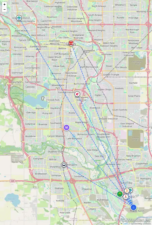 Daily accessibility map for 240 SETON VI SE, Calgary showing nearby schools, grocery stores, parks, LRT stations and nearby amenities