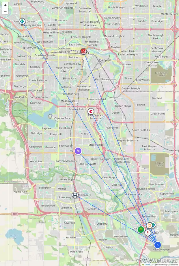 Daily accessibility map for 197 SETON VI SE, Calgary showing nearby schools, grocery stores, parks, LRT stations and nearby amenities