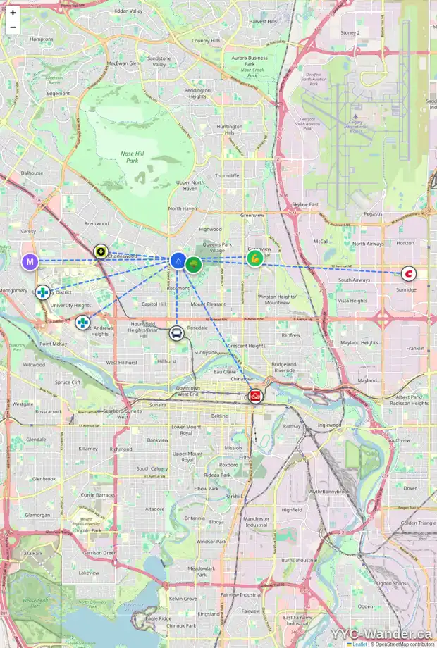 Daily accessibility map for 24A COMMERCE ST NW, Calgary showing nearby schools, grocery stores, parks, LRT stations and nearby amenities