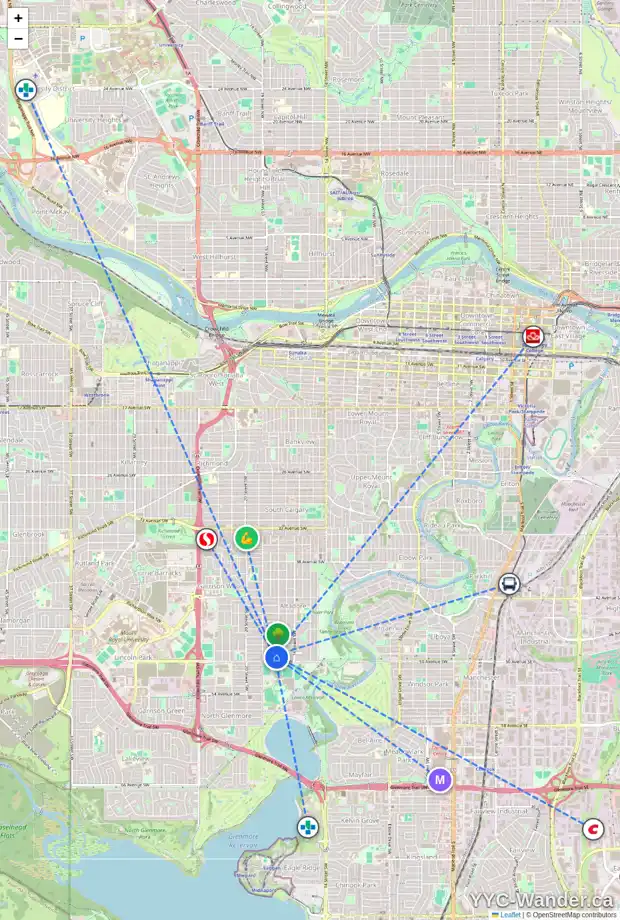 Daily accessibility map for 1909 49 AV SW, Calgary showing nearby schools, grocery stores, parks, LRT stations and nearby amenities
