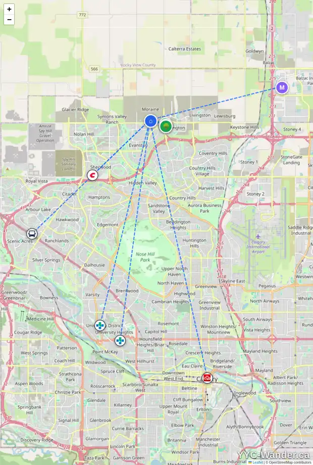 Daily accessibility map for 220 AMBLESIDE CR NW, Calgary showing nearby schools, grocery stores, parks, LRT stations and nearby amenities