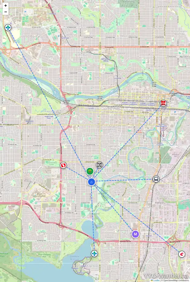 Daily accessibility map for 4212 16 ST SW, Calgary showing nearby schools, grocery stores, parks, LRT stations and nearby amenities