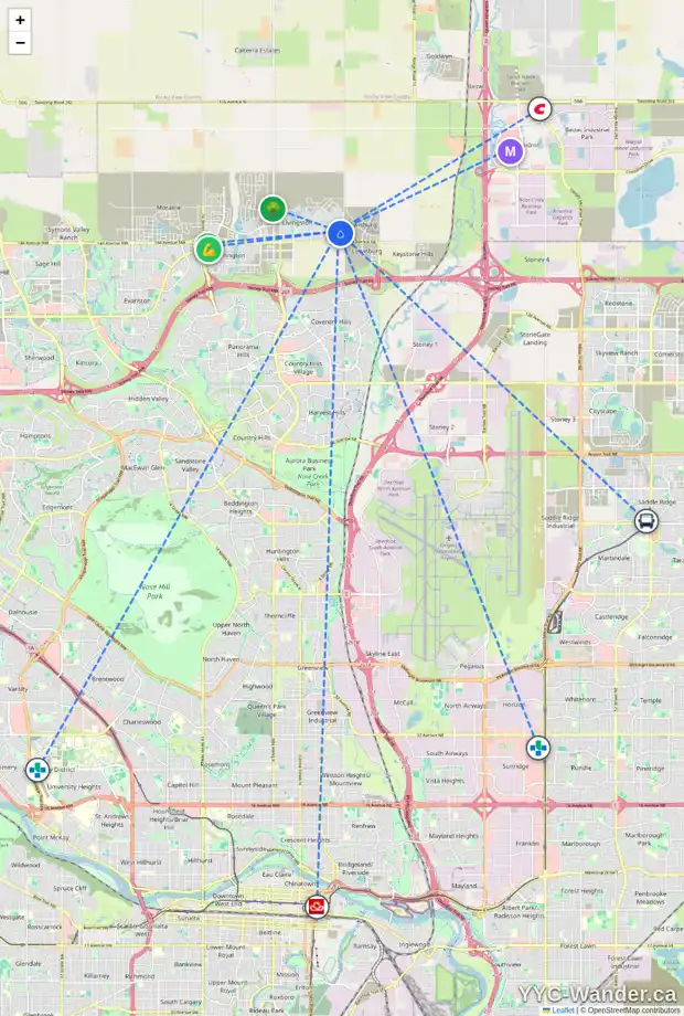 Daily accessibility map for 141 CALHOUN CM NE, Calgary showing nearby schools, grocery stores, parks, LRT stations and nearby amenities