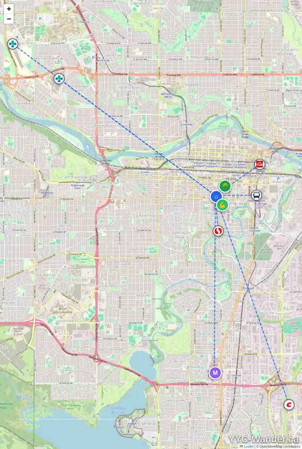 Daily accessibility map for 414 527 15 AV SW, Calgary showing nearby schools, grocery stores, parks, LRT stations and nearby amenities