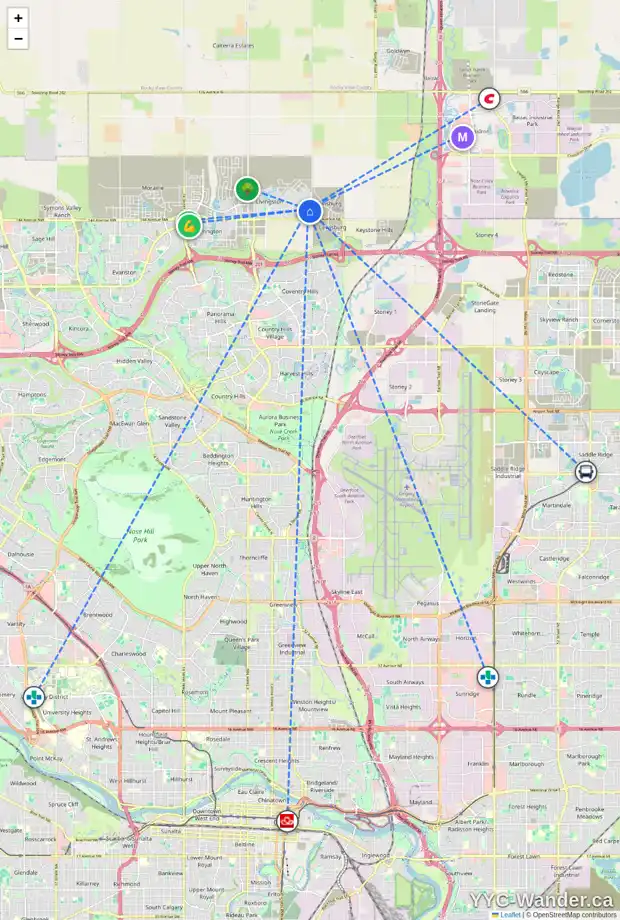 Daily accessibility map for 161 CALHOUN CM NE, Calgary showing nearby schools, grocery stores, parks, LRT stations and nearby amenities