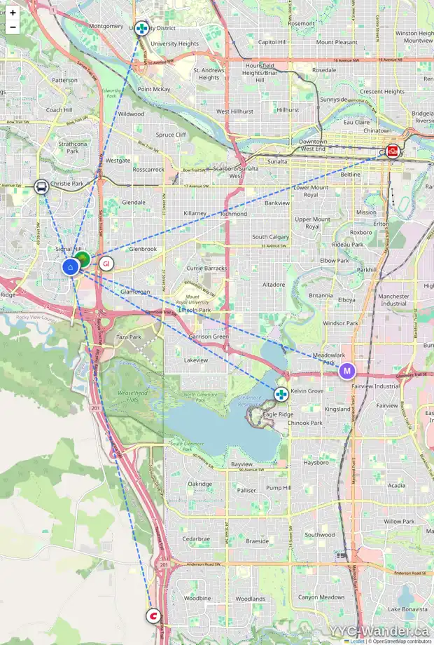 Daily accessibility map for 113 SIERRA MORENA TC SW, Calgary showing nearby schools, grocery stores, parks, LRT stations and nearby amenities