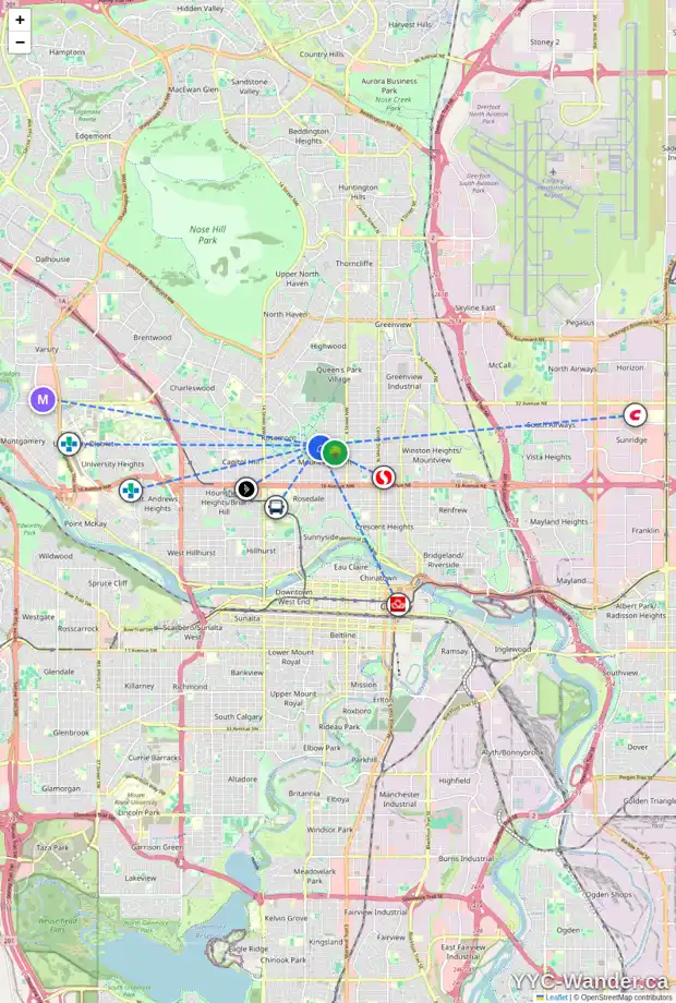 Daily accessibility map for 807 24 AV NW, Calgary showing nearby schools, grocery stores, parks, LRT stations and nearby amenities