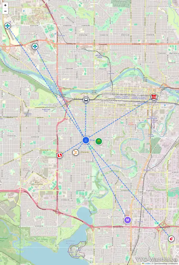 Daily accessibility map for 15 1710 28 AV SW, Calgary showing nearby schools, grocery stores, parks, LRT stations and nearby amenities