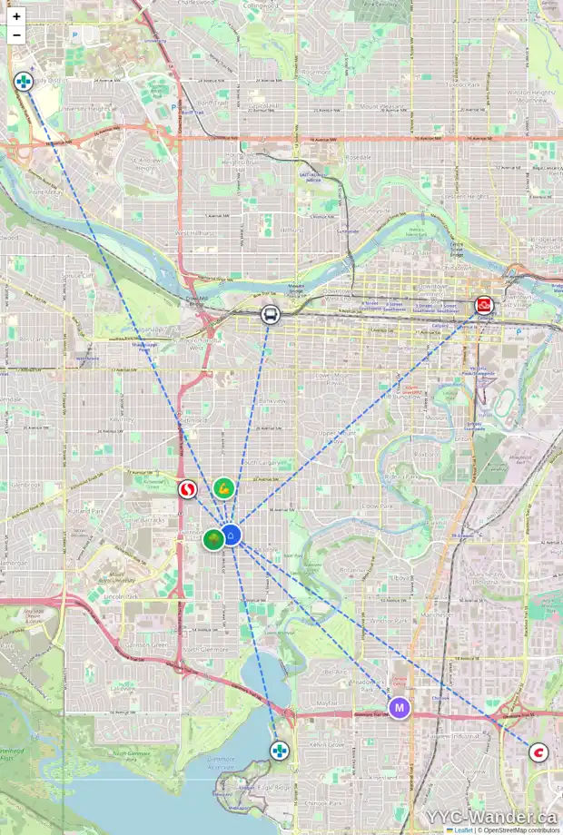Daily accessibility map for 2036 41 AV SW, Calgary showing nearby schools, grocery stores, parks, LRT stations and nearby amenities