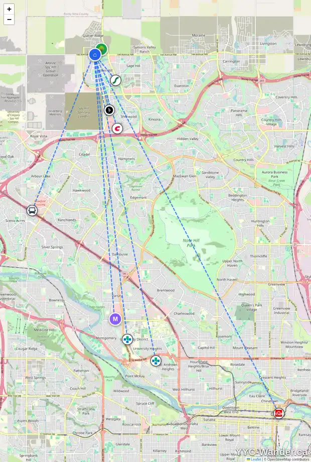 Daily accessibility map for 16 EDITH GA NW, Calgary showing nearby schools, grocery stores, parks, LRT stations and nearby amenities