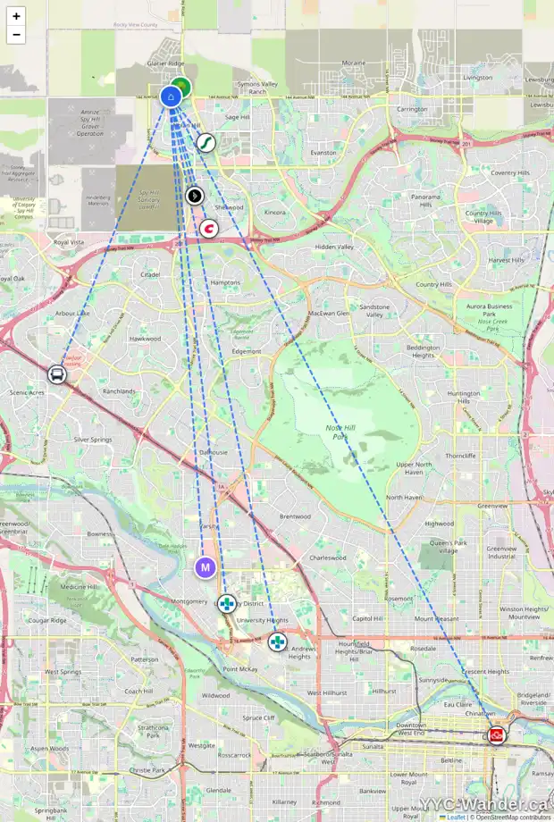 Daily accessibility map for 373 EDITH RD NW, Calgary showing nearby schools, grocery stores, parks, LRT stations and nearby amenities