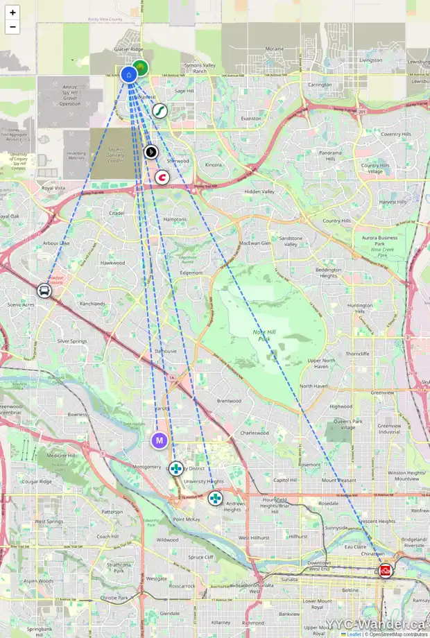 Daily accessibility map for 33 EDITH GA NW, Calgary showing nearby schools, grocery stores, parks, LRT stations and nearby amenities
