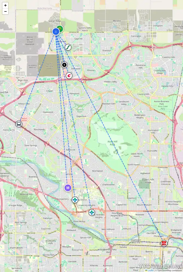 Daily accessibility map for 36 EDITH GA NW, Calgary showing nearby schools, grocery stores, parks, LRT stations and nearby amenities