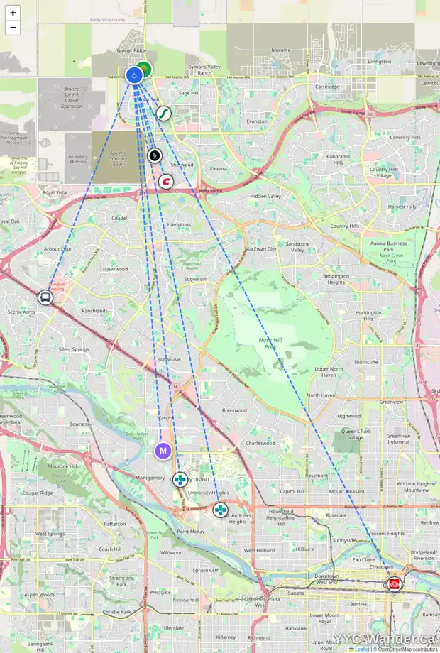 Daily accessibility map for 52 EDITH GA NW, Calgary showing nearby schools, grocery stores, parks, LRT stations and nearby amenities