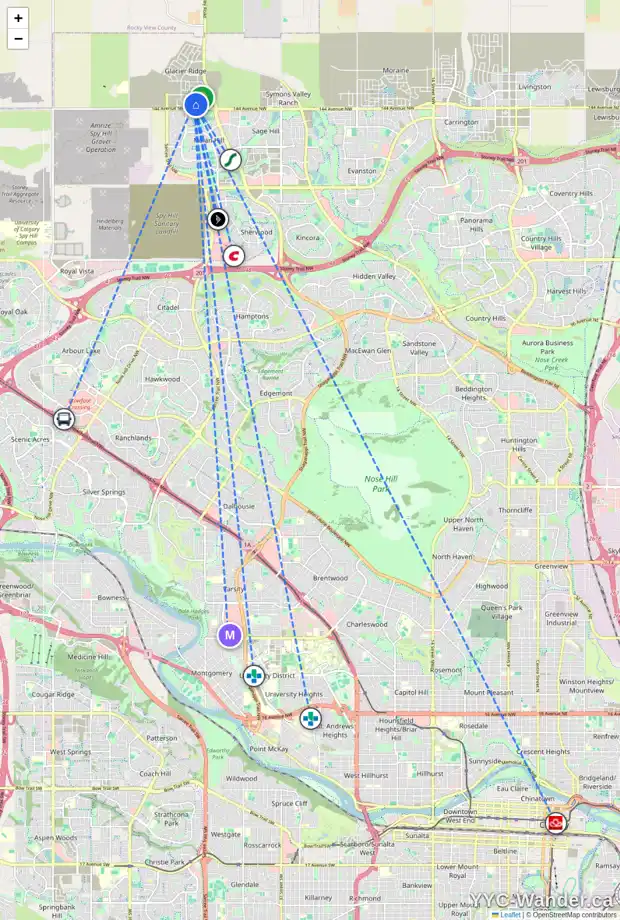Daily accessibility map for 129 EDITH VI NW, Calgary showing nearby schools, grocery stores, parks, LRT stations and nearby amenities