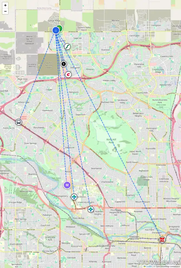Daily accessibility map for 405 EDITH RD NW, Calgary showing nearby schools, grocery stores, parks, LRT stations and nearby amenities