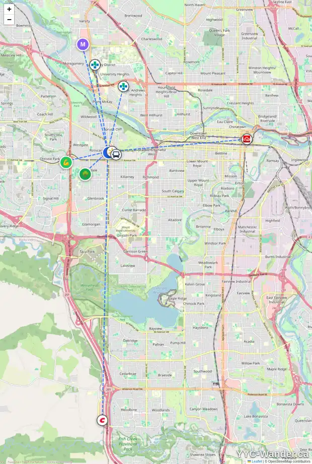 Daily accessibility map for 1409 37 ST SW, Calgary showing nearby schools, grocery stores, parks, LRT stations and nearby amenities
