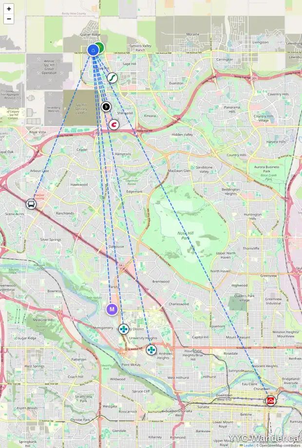 Daily accessibility map for 59 EDITH TC NW, Calgary showing nearby schools, grocery stores, parks, LRT stations and nearby amenities