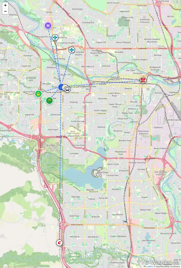 Daily accessibility map for 3916 13 AV SW, Calgary showing nearby schools, grocery stores, parks, LRT stations and nearby amenities