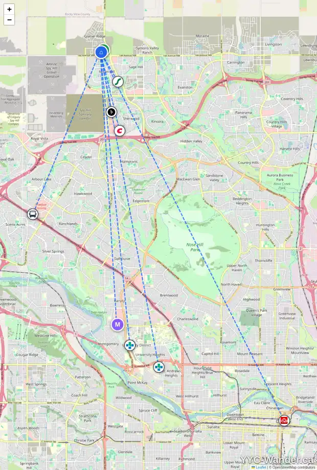Daily accessibility map for 58 EDITH MR NW, Calgary showing nearby schools, grocery stores, parks, LRT stations and nearby amenities
