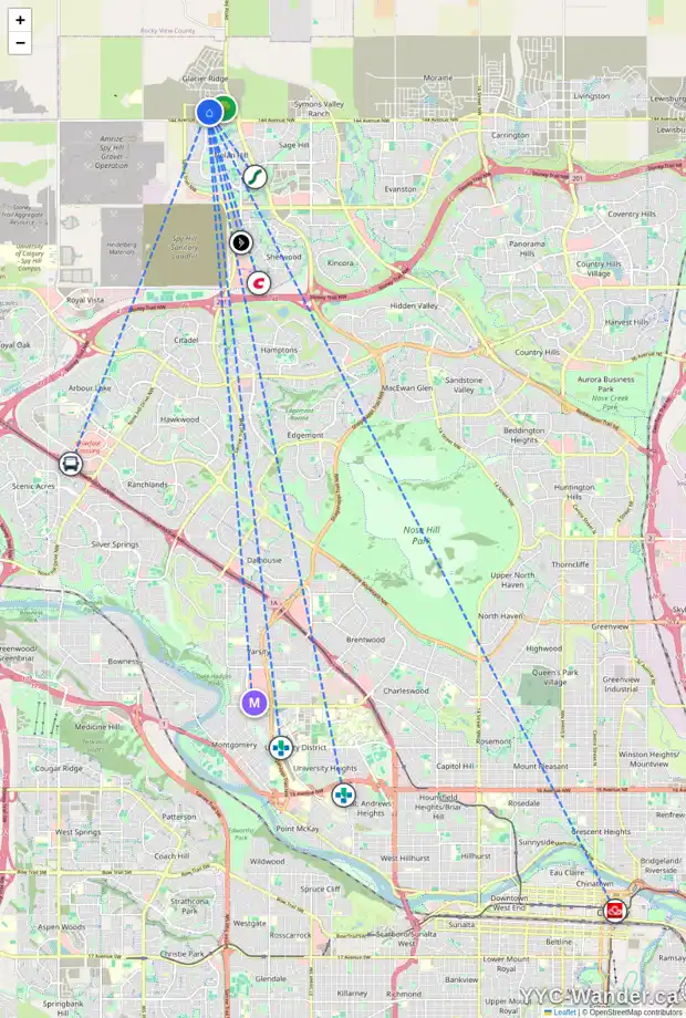 Daily accessibility map for 104 EDITH GA NW, Calgary showing nearby schools, grocery stores, parks, LRT stations and nearby amenities