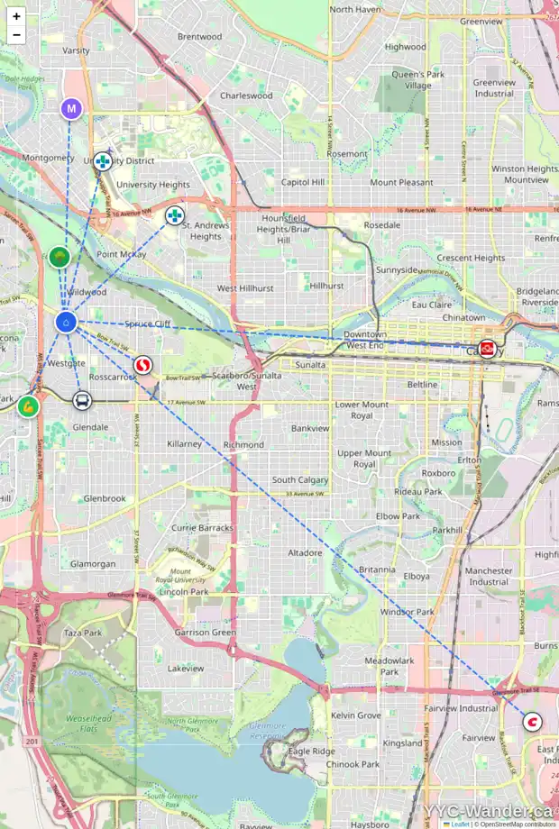 Daily accessibility map for 5015 WAVERLEY DR SW, Calgary showing nearby schools, grocery stores, parks, LRT stations and nearby amenities