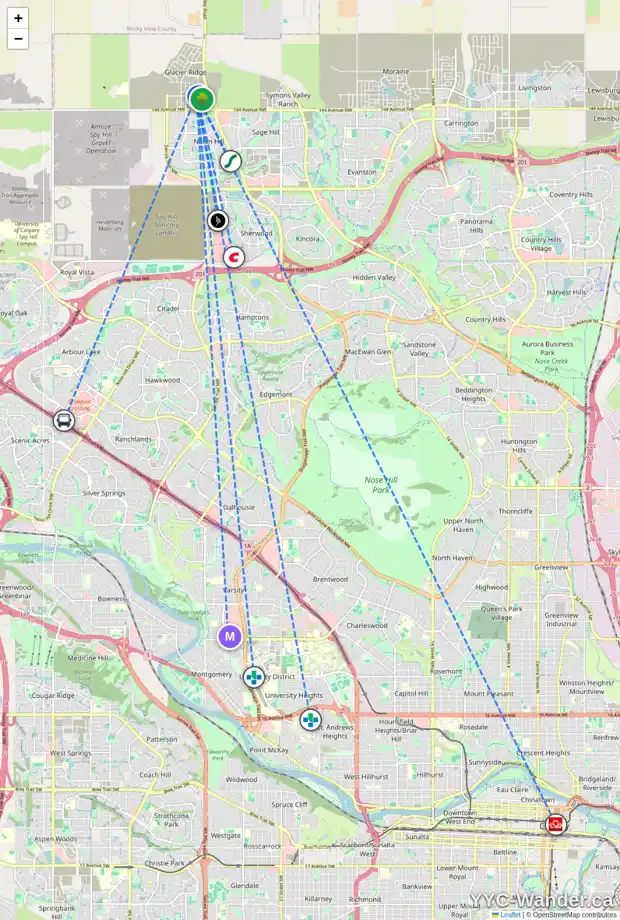 Daily accessibility map for 202 AQUILA DR NW, Calgary showing nearby schools, grocery stores, parks, LRT stations and nearby amenities