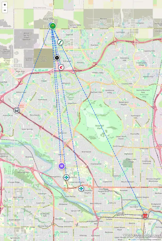 Daily accessibility map for 206 AQUILA DR NW, Calgary showing nearby schools, grocery stores, parks, LRT stations and nearby amenities