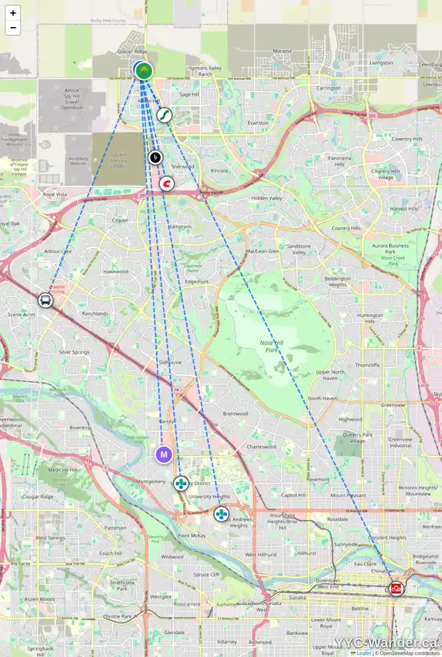 Daily accessibility map for 210 AQUILA DR NW, Calgary showing nearby schools, grocery stores, parks, LRT stations and nearby amenities