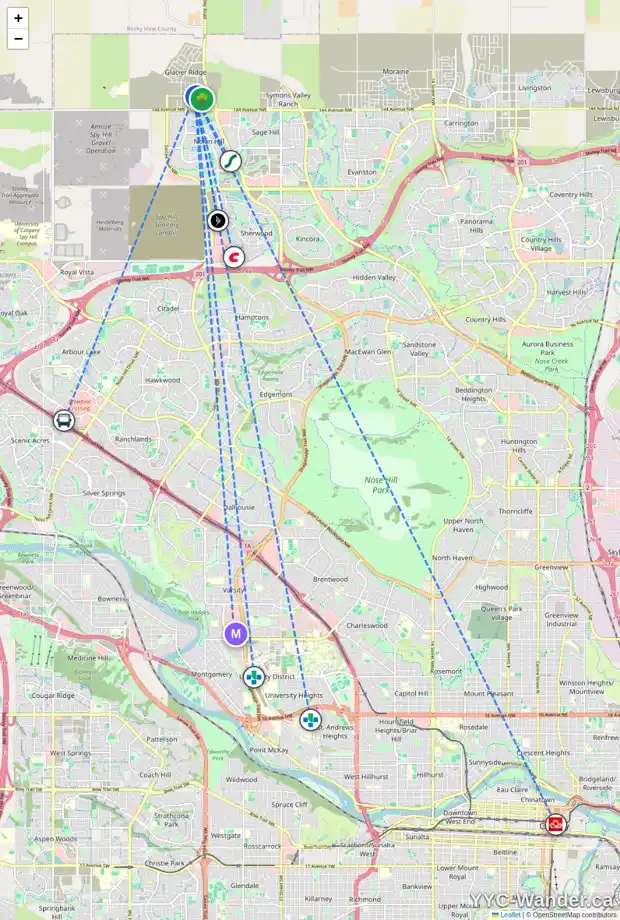 Daily accessibility map for 222 AQUILA DR NW, Calgary showing nearby schools, grocery stores, parks, LRT stations and nearby amenities