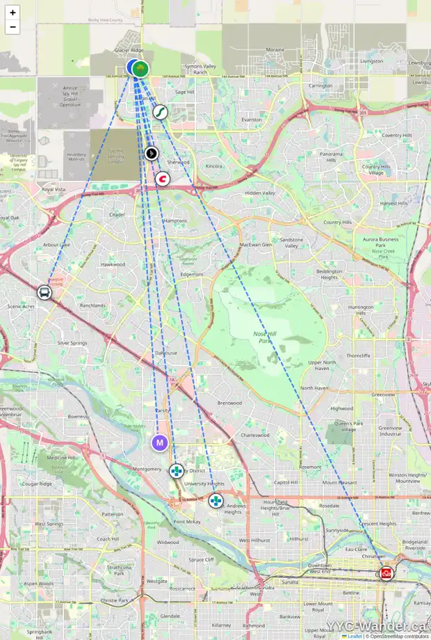 Daily accessibility map for 258 AQUILA DR NW, Calgary showing nearby schools, grocery stores, parks, LRT stations and nearby amenities