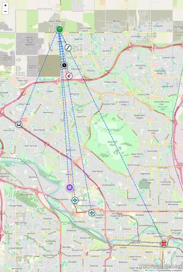 Daily accessibility map for 190 AQUILA DR NW, Calgary showing nearby schools, grocery stores, parks, LRT stations and nearby amenities