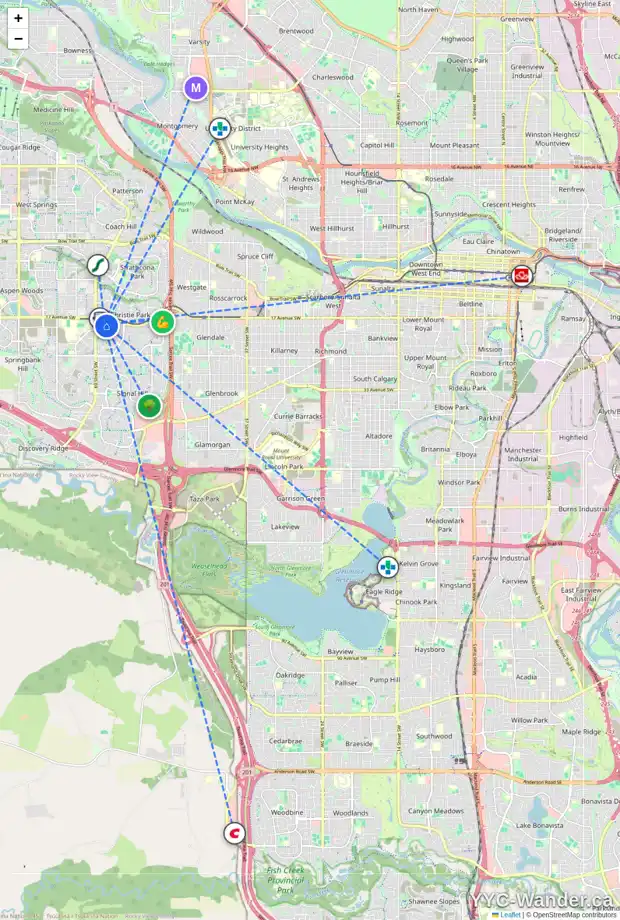Daily accessibility map for 152 SIMCOE PL SW, Calgary showing nearby schools, grocery stores, parks, LRT stations and nearby amenities