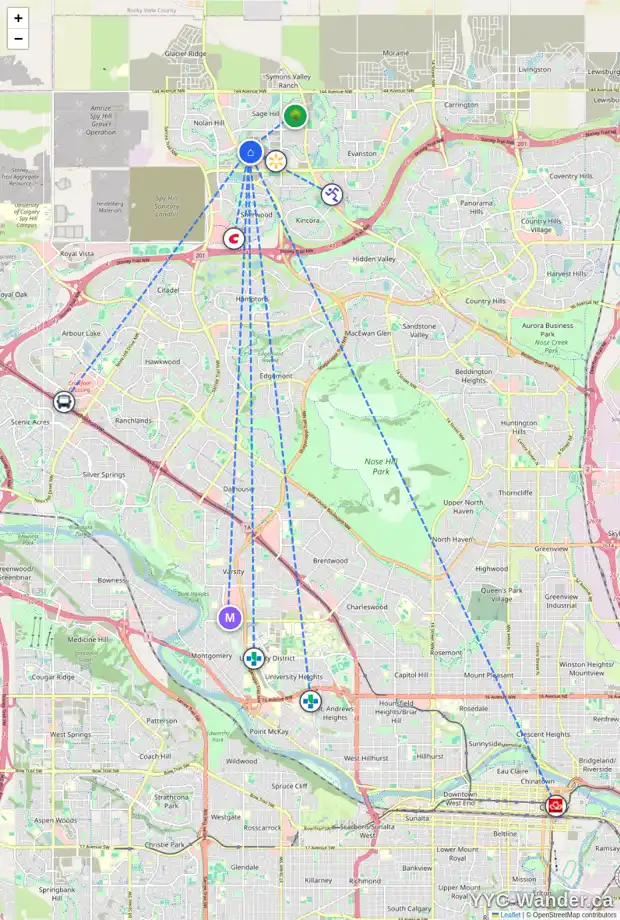 Daily accessibility map for 59 SAGE HILL HT NW, Calgary showing nearby schools, grocery stores, parks, LRT stations and nearby amenities