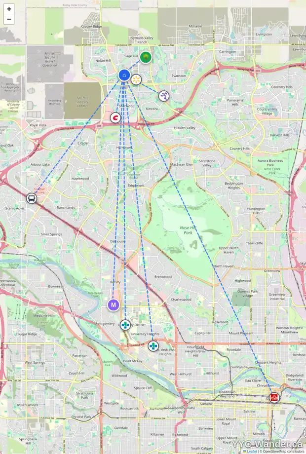 Daily accessibility map for 51 SAGE HILL HT NW, Calgary showing nearby schools, grocery stores, parks, LRT stations and nearby amenities