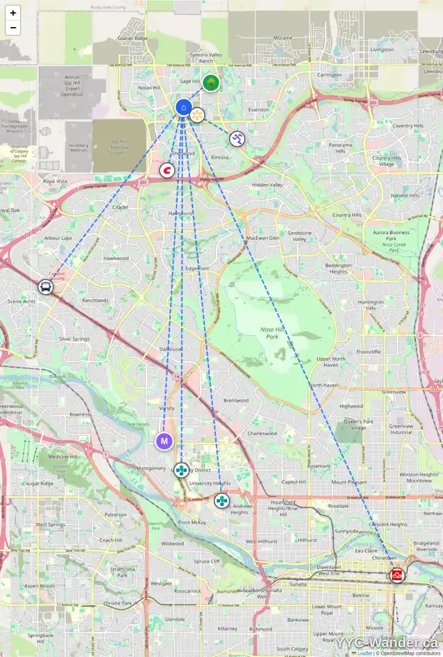 Daily accessibility map for 11 SAGE HILL HT NW, Calgary showing nearby schools, grocery stores, parks, LRT stations and nearby amenities