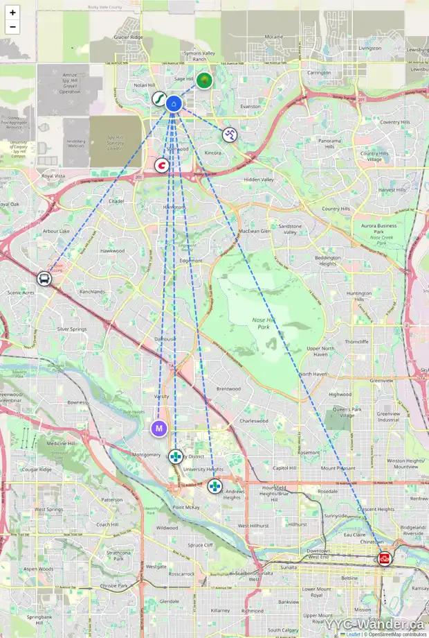 Daily accessibility map for 54 SAGE HILL HT NW, Calgary showing nearby schools, grocery stores, parks, LRT stations and nearby amenities