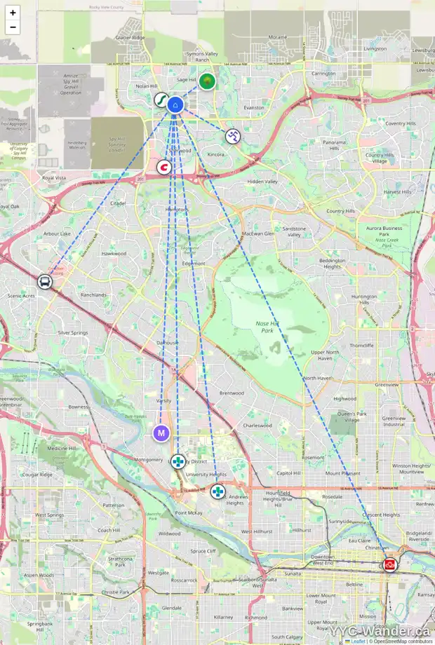 Daily accessibility map for 66 SAGE HILL HT NW, Calgary showing nearby schools, grocery stores, parks, LRT stations and nearby amenities