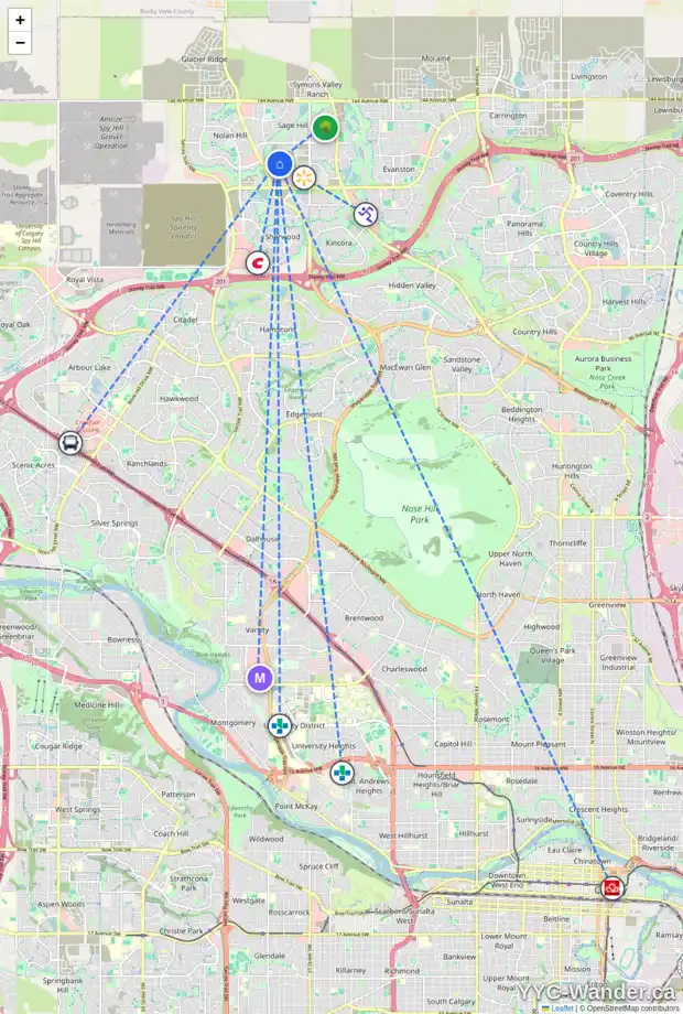 Daily accessibility map for 30 SAGE HILL HT NW, Calgary showing nearby schools, grocery stores, parks, LRT stations and nearby amenities