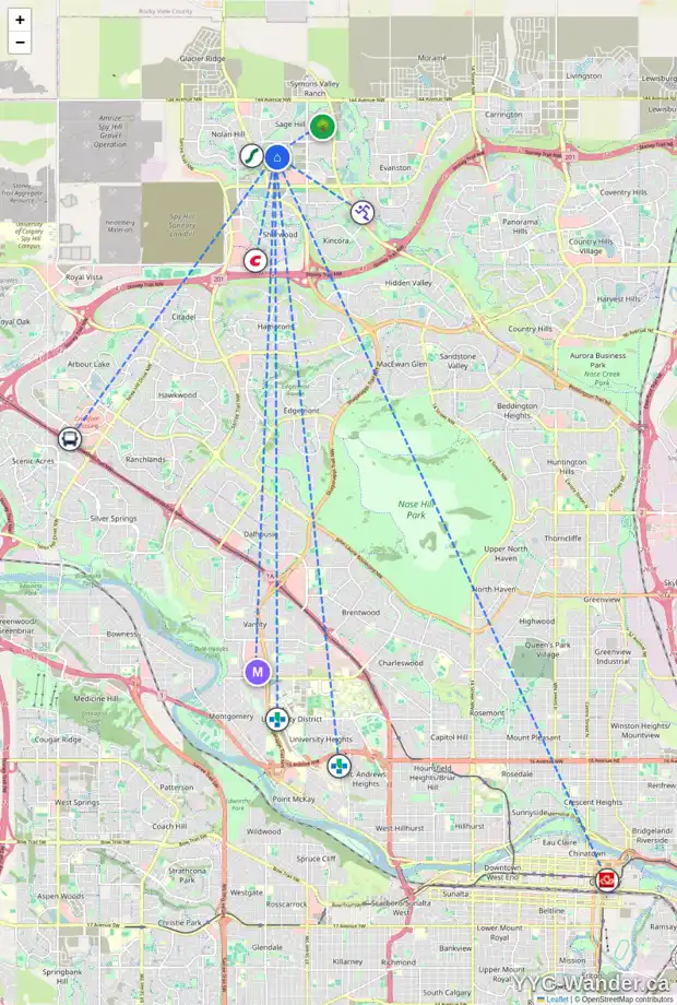 Daily accessibility map for 26 SAGE HILL LN NW, Calgary showing nearby schools, grocery stores, parks, LRT stations and nearby amenities