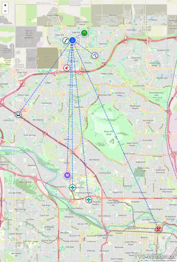 Daily accessibility map for 463 SAGE HILL RD NW, Calgary showing nearby schools, grocery stores, parks, LRT stations and nearby amenities