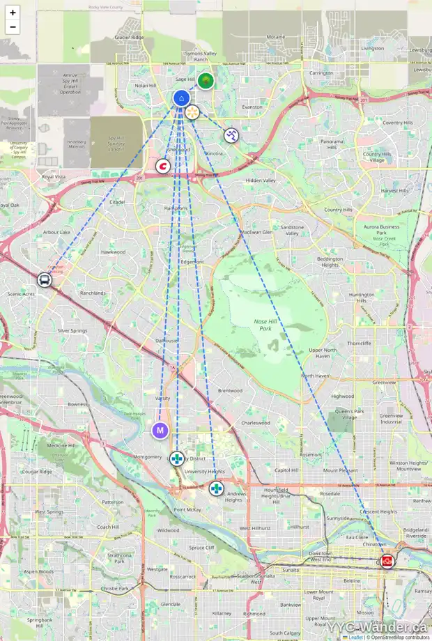 Daily accessibility map for 33 SAGE HILL PH NW, Calgary showing nearby schools, grocery stores, parks, LRT stations and nearby amenities
