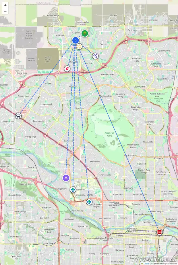 Daily accessibility map for 24 SAGE HILL PH NW, Calgary showing nearby schools, grocery stores, parks, LRT stations and nearby amenities
