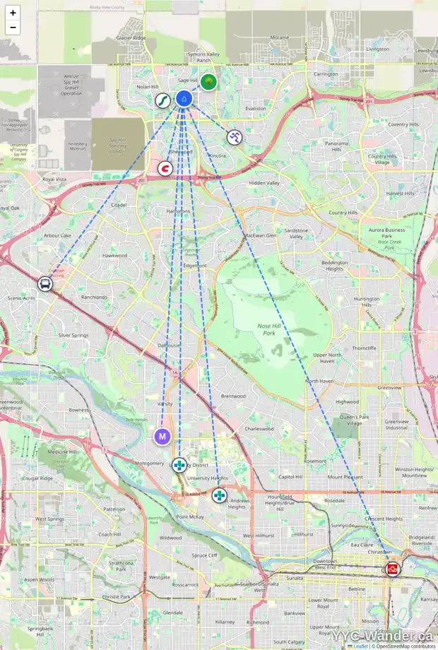 Daily accessibility map for 21 SAGE HILL PH NW, Calgary showing nearby schools, grocery stores, parks, LRT stations and nearby amenities