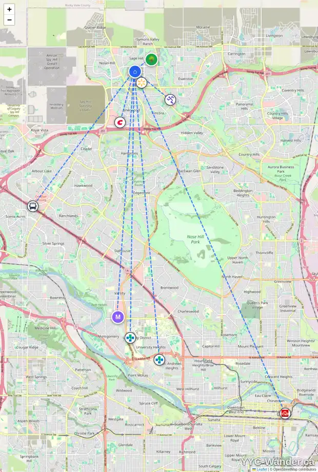 Daily accessibility map for 16 SAGE HILL PH NW, Calgary showing nearby schools, grocery stores, parks, LRT stations and nearby amenities