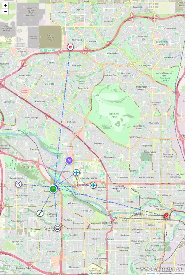 Daily accessibility map for 43 PATTERSON DR SW, Calgary showing nearby schools, grocery stores, parks, LRT stations and nearby amenities