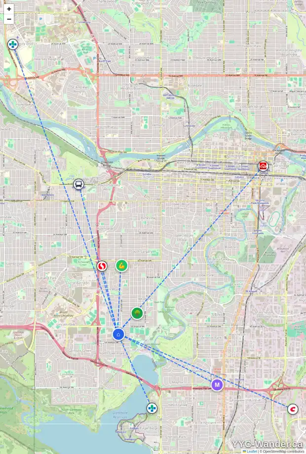 Daily accessibility map for 2126A 52 AV SW, Calgary showing nearby schools, grocery stores, parks, LRT stations and nearby amenities